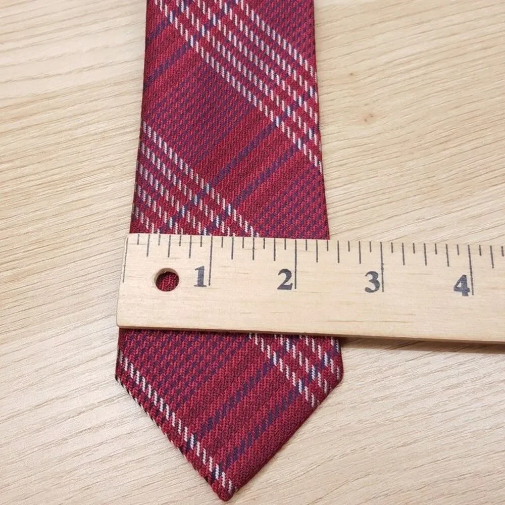 BAR III Mens Neck Tie Red Maroon Plaid Slim Lyocell Blend Necktie